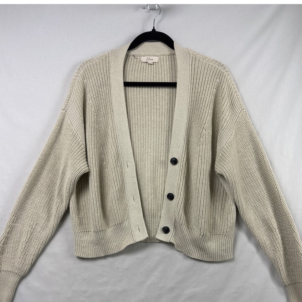 Elan Cardigan Sweater Womens Medium Crop Beige Chunky Knit V-Neck Button Front